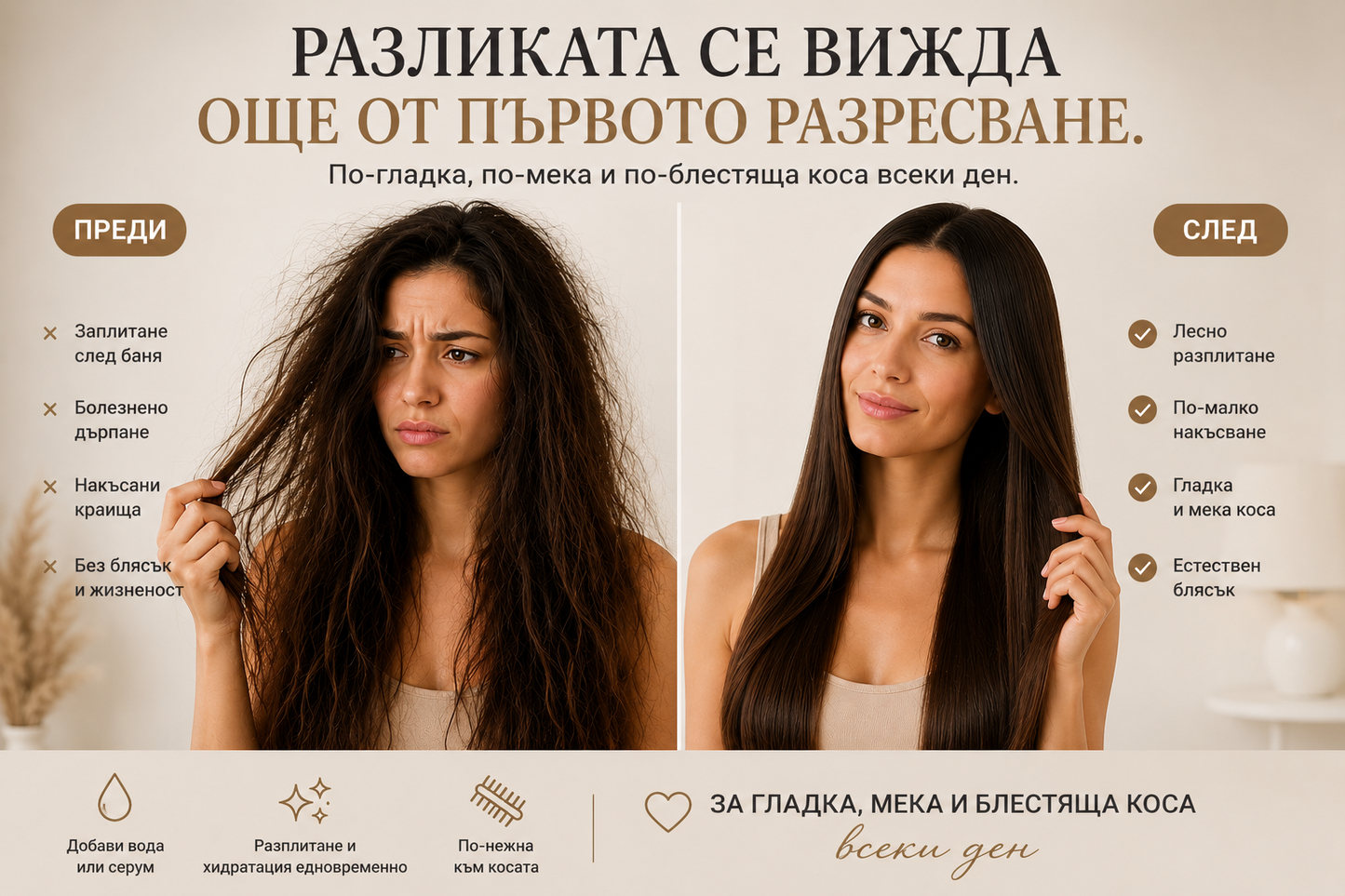 2 в 1 четка  за лесно разресване